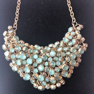 Vintage Gold and  Aqua Green Crystal Multi-Layered Statement Bib Necklace